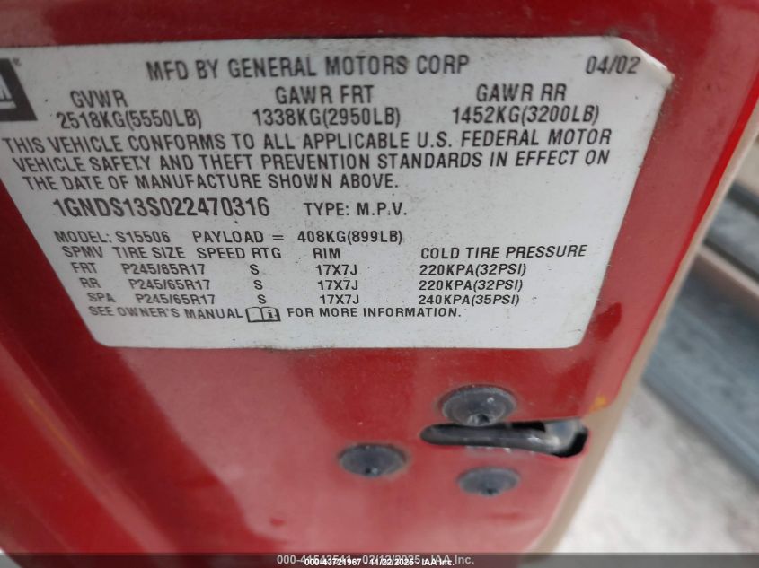 2002 Chevrolet Trailblazer Ltz VIN: 1GNDS13S022470316 Lot: 43721967