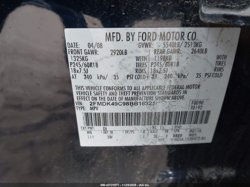 2008 Ford Edge Limited VIN: 2FMDK49C98BB16321 Lot: 43721977