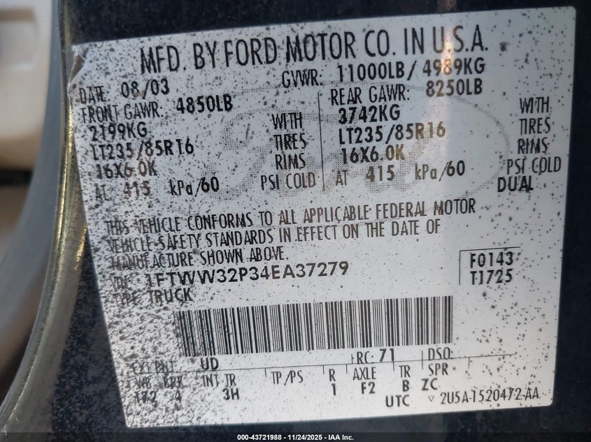 2004 Ford F-350 Lariat/Xl/Xlt VIN: 1FTWW32P34EA37279 Lot: 43721988