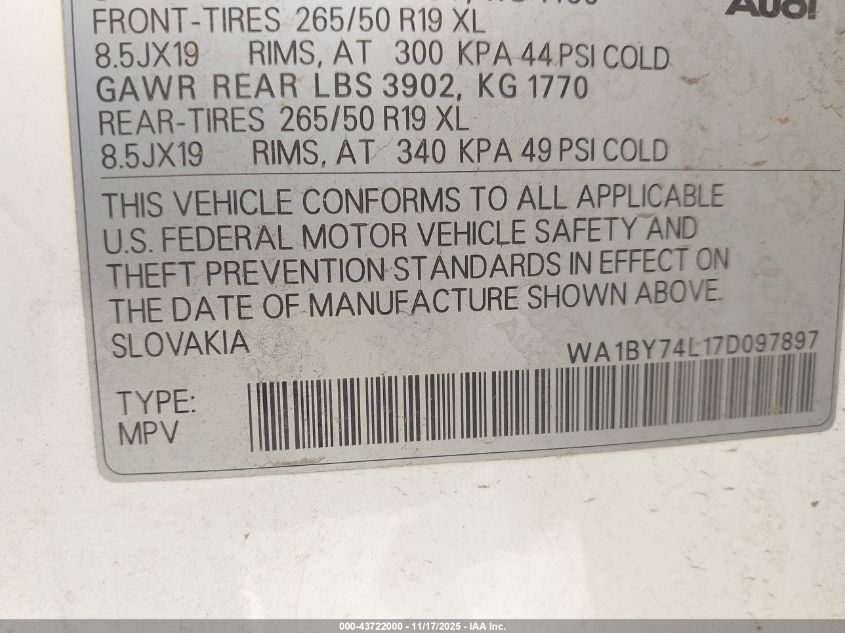 2007 Audi Q7 3.6 Premium VIN: WA1BY74L17D097897 Lot: 43722000