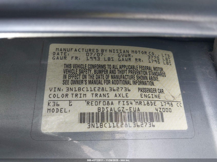 2008 Nissan Versa 1.8Sl VIN: 3N1BC11E28L362736 Lot: 43722011