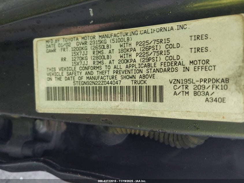 2002 Toyota Tacoma Prerunner V6 VIN: 5TEGN92N22Z044047 Lot: 43722015