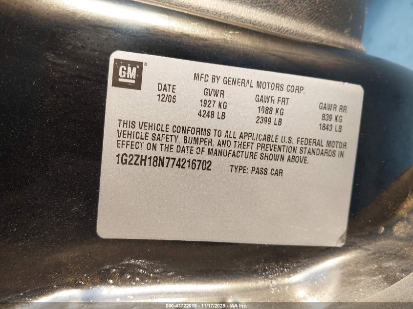 2007 Pontiac G6 Gt VIN: 1G2ZH18N774216702 Lot: 43722019