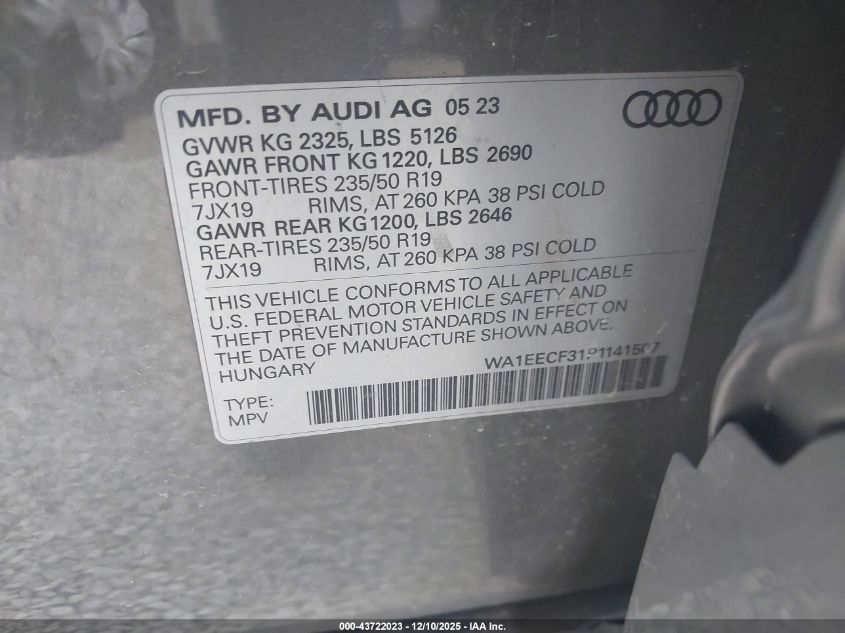 2023 Audi Q3 Premium Plus 45 Tfsi S Line Quattro Tiptronic VIN: WA1EECF31P1141507 Lot: 43722023