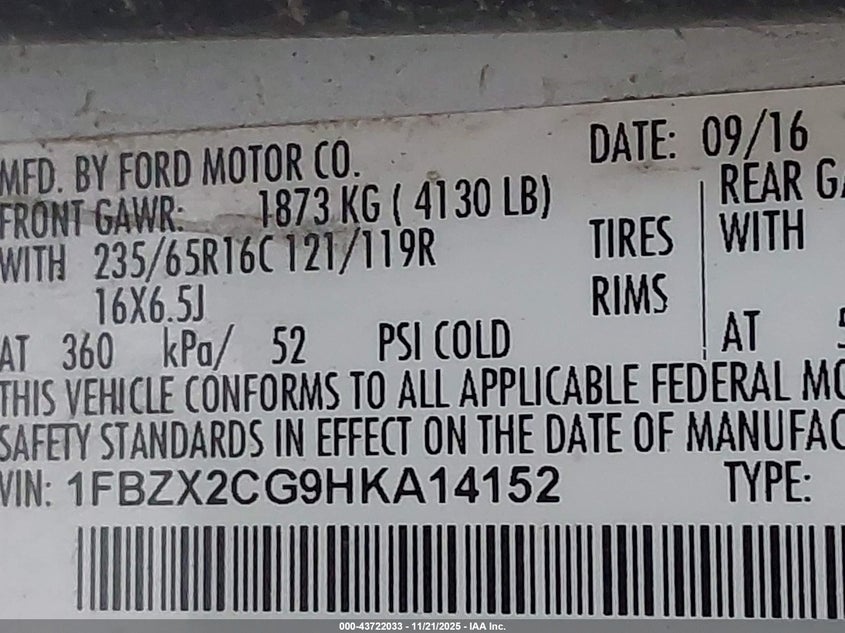 2017 Ford Transit-350 Xl VIN: 1FBZX2CG9HKA14152 Lot: 43722033