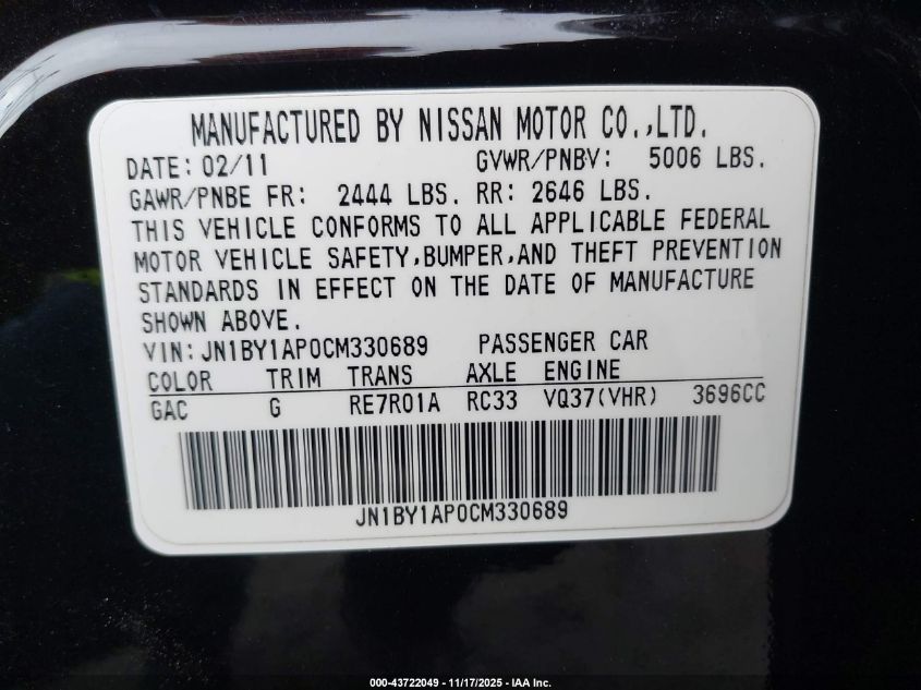 2012 Infiniti M37 VIN: JN1BY1AP0CM330689 Lot: 43722049