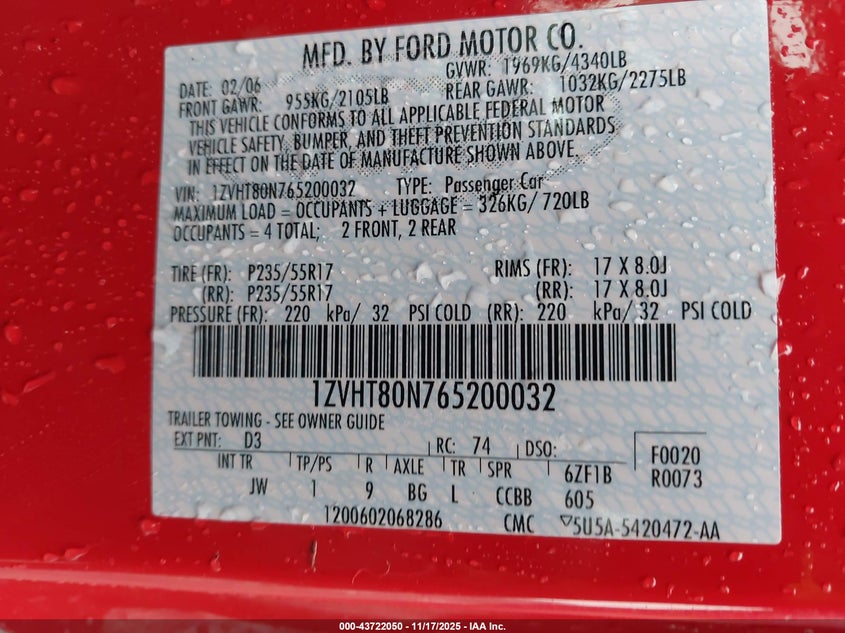 2006 Ford Mustang V6 VIN: 1ZVHT80N765200032 Lot: 43722050