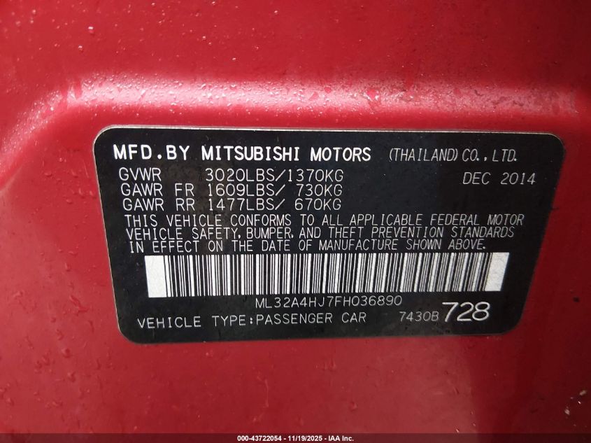 2015 Mitsubishi Mirage Es/Rf VIN: ML32A4HJ7FH036890 Lot: 43722054