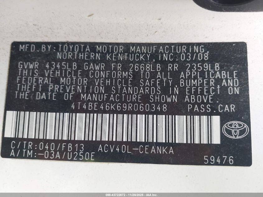 2009 Toyota Camry VIN: 4T4BE46K69R060348 Lot: 43722072