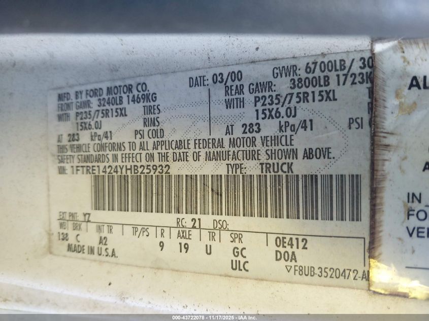 2000 Ford E-150 Commercial/Recreational VIN: 1FTRE1424YHB25932 Lot: 43722078