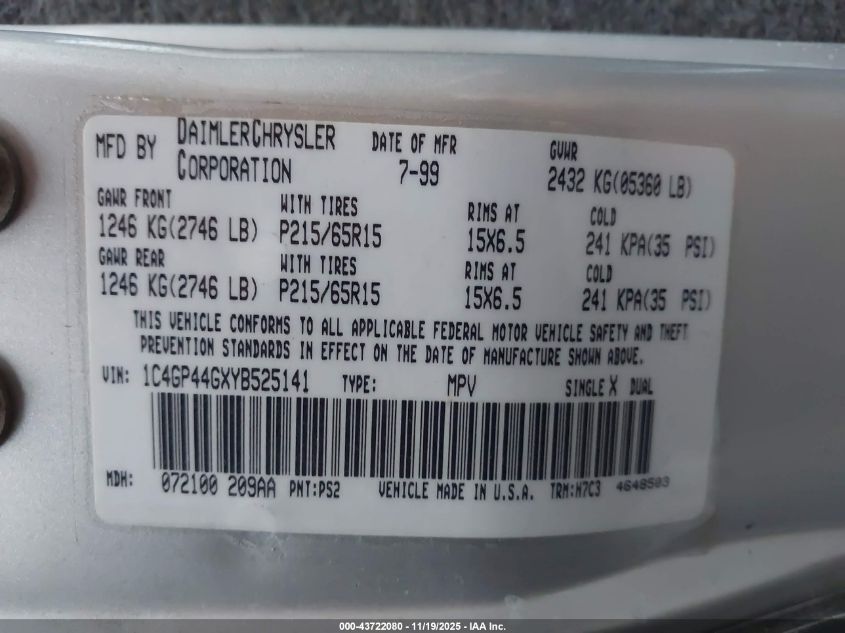 2000 Chrysler Town & Country Lx VIN: 1C4GP44GXYB525141 Lot: 43722080