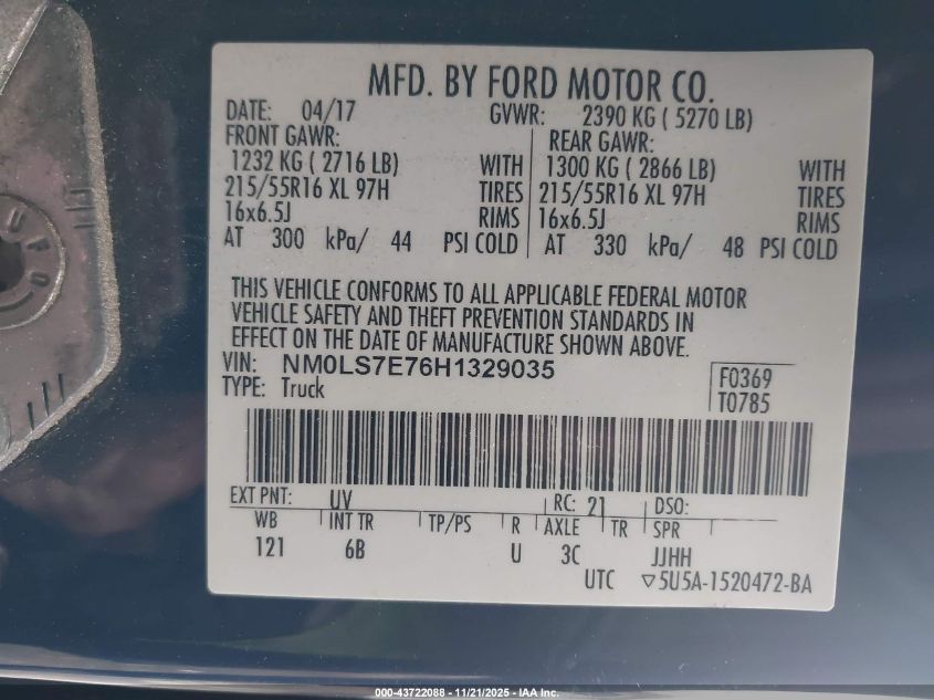 2017 Ford Transit Connect Xl VIN: NM0LS7E76H1329035 Lot: 43722088