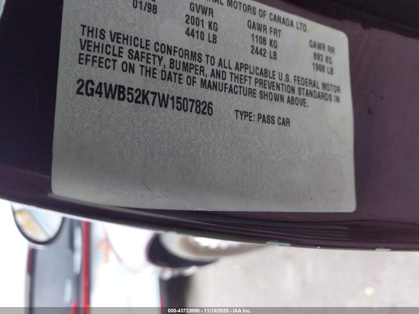 1998 Buick Regal Ls VIN: 2G4WB52K7W1507826 Lot: 43722090