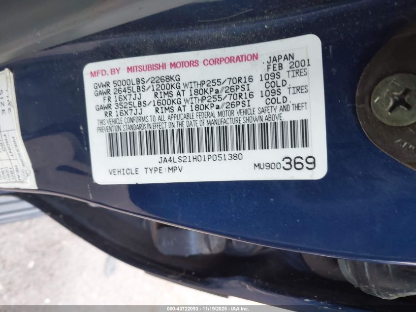 2001 Mitsubishi Montero Sport Es/Ls VIN: JA4LS21H01P051380 Lot: 43722093