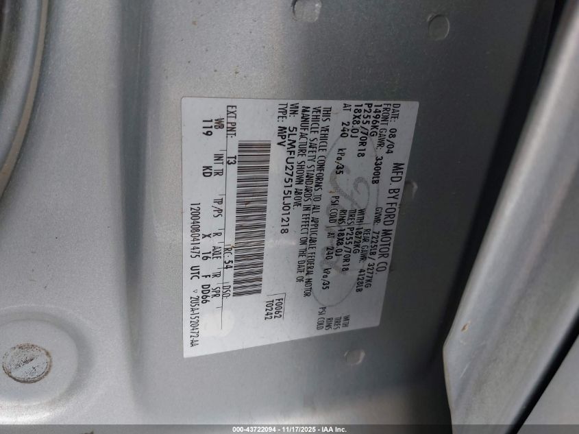 2005 Lincoln Navigator VIN: 5LMFU27515LJ01218 Lot: 43722094