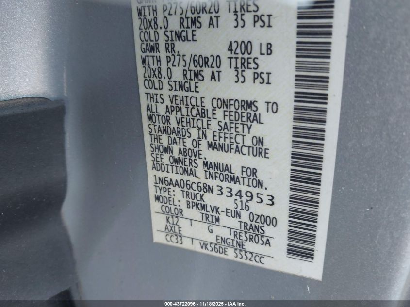 2008 Nissan Titan Le VIN: 1N6AA06C68N334953 Lot: 43722096