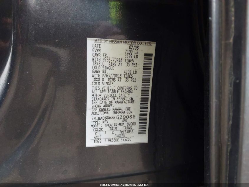 2008 Nissan Armada Se VIN: 5N1BA08D68N629088 Lot: 43722104