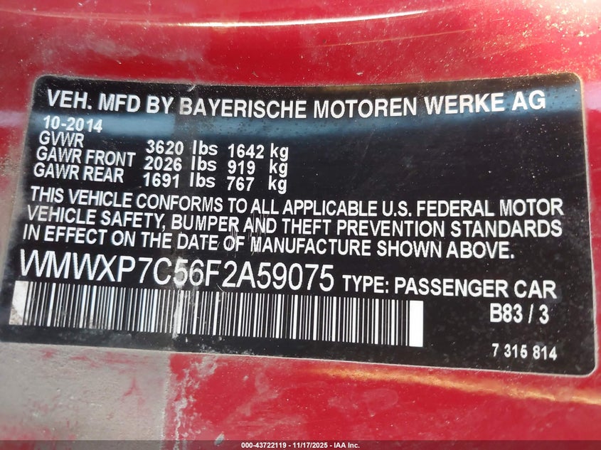 2015 Mini Hardtop Cooper S VIN: WMWXP7C56F2A59075 Lot: 43722119