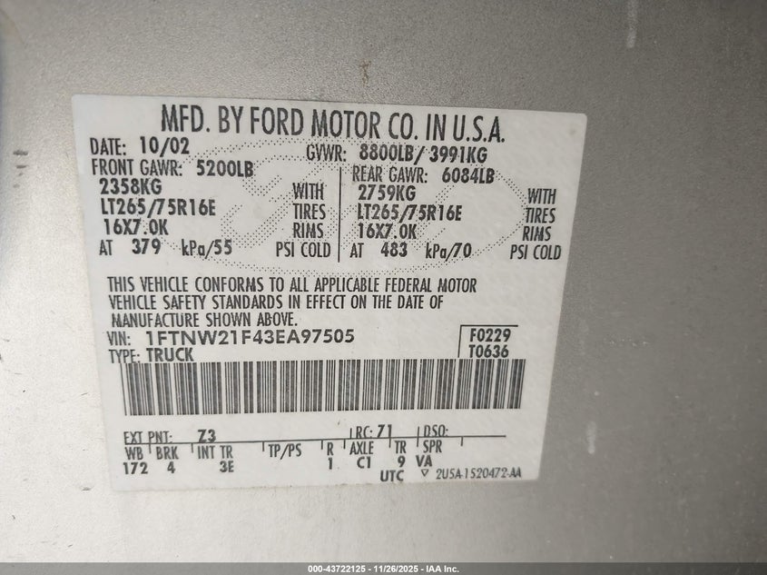 2003 Ford F-250 Lariat/Xl/Xlt VIN: 1FTNW21F43EA97505 Lot: 43722125