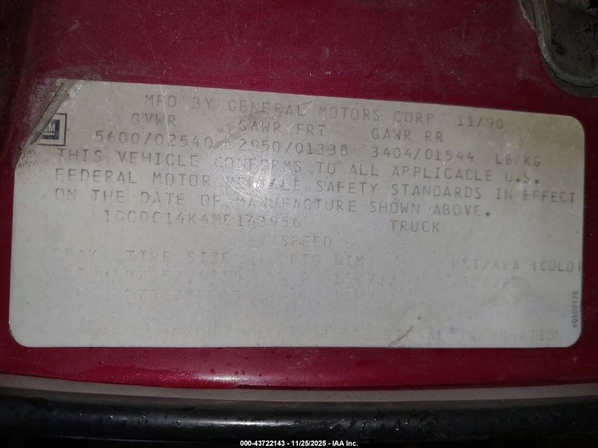 1991 Chevrolet Gmt-400 C1500 VIN: 1GCDC14K4ME143956 Lot: 43722143