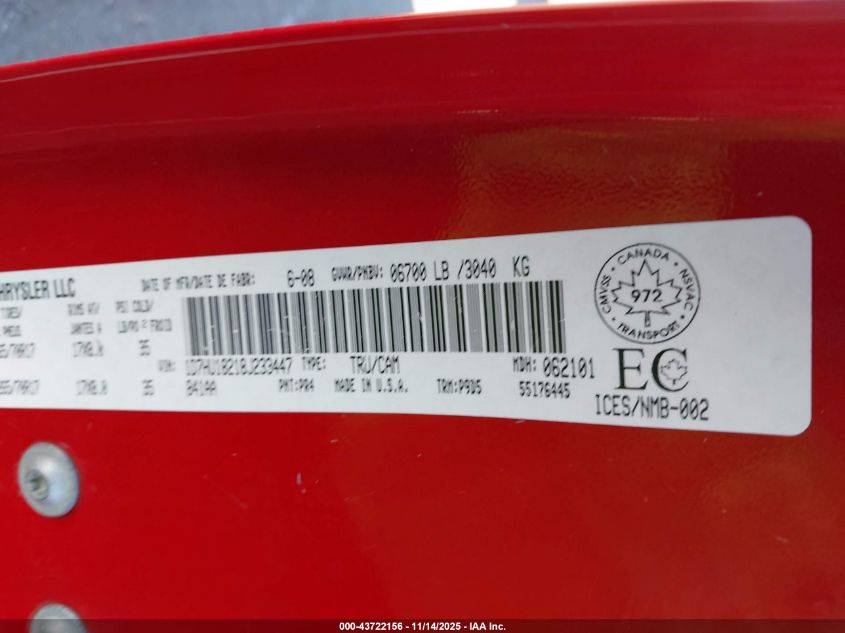 2008 Dodge Ram 1500 St/Sxt VIN: 1D7HU18218J233447 Lot: 43722156