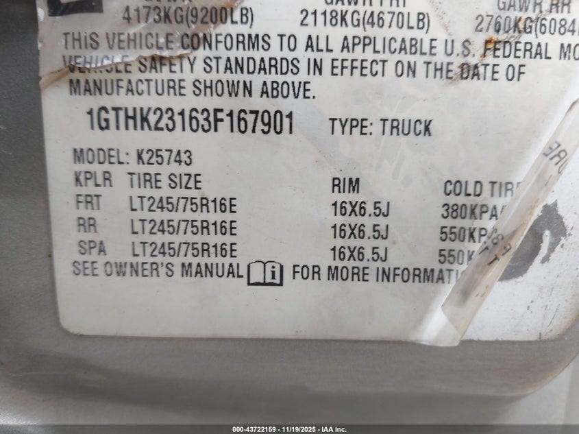 2003 GMC Sierra 2500Hd Slt VIN: 1GTHK23163F167901 Lot: 43722159