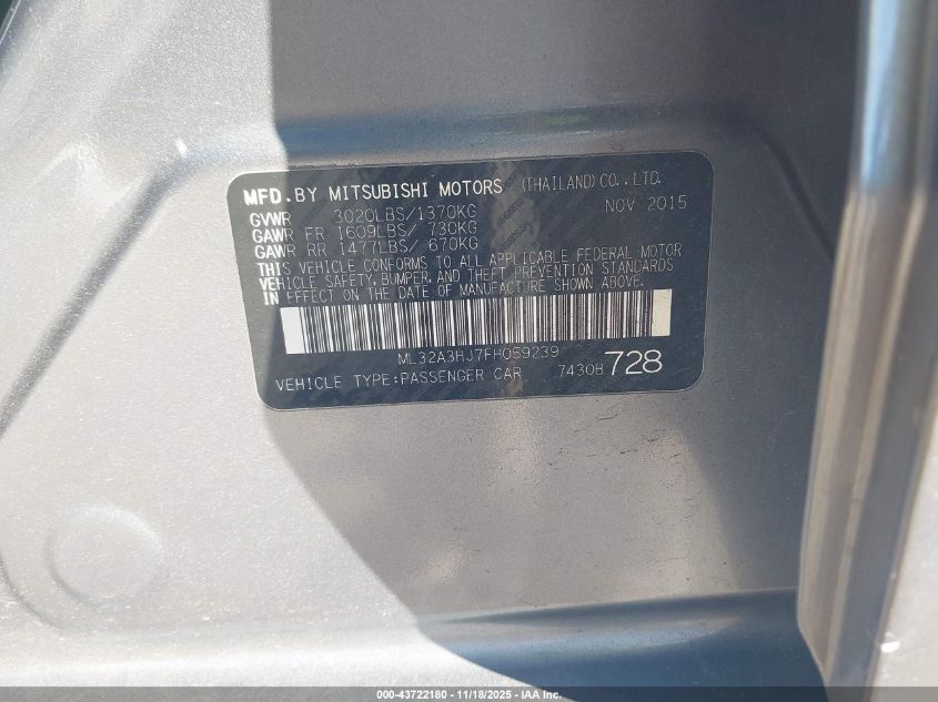 2015 Mitsubishi Mirage De/Rf VIN: ML32A3HJ7FH059239 Lot: 43722180