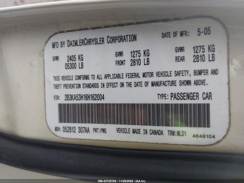 2006 Dodge Charger Rt VIN: 2B3KA53H16H162004 Lot: 43722192