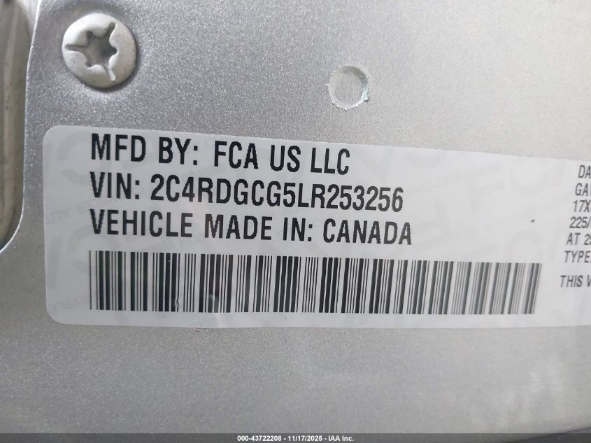 2020 Dodge Grand Caravan Sxt VIN: 2C4RDGCG5LR253256 Lot: 43722208