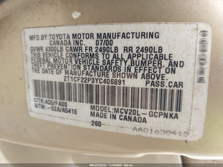 2000 Toyota Camry Solara Se V6 VIN: 2T1CF22P3YC406891 Lot: 43722210