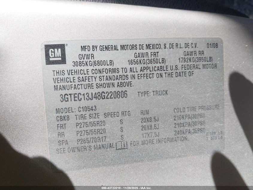 2008 GMC Sierra 1500 Sle1 VIN: 3GTEC13J48G220806 Lot: 43722219