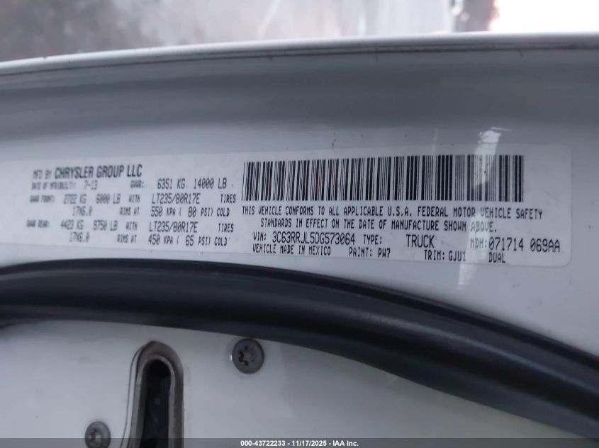 2013 Ram 3500 Laramie VIN: 3C63RRJL5DG573064 Lot: 43722233