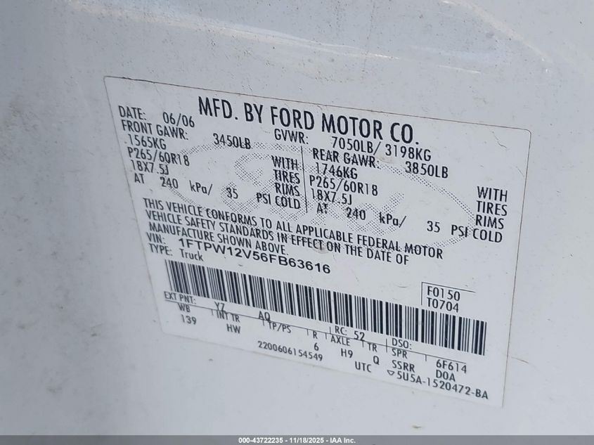 2006 Ford F-150 Lariat/Xlt VIN: 1FTPW12V56FB63616 Lot: 43722235