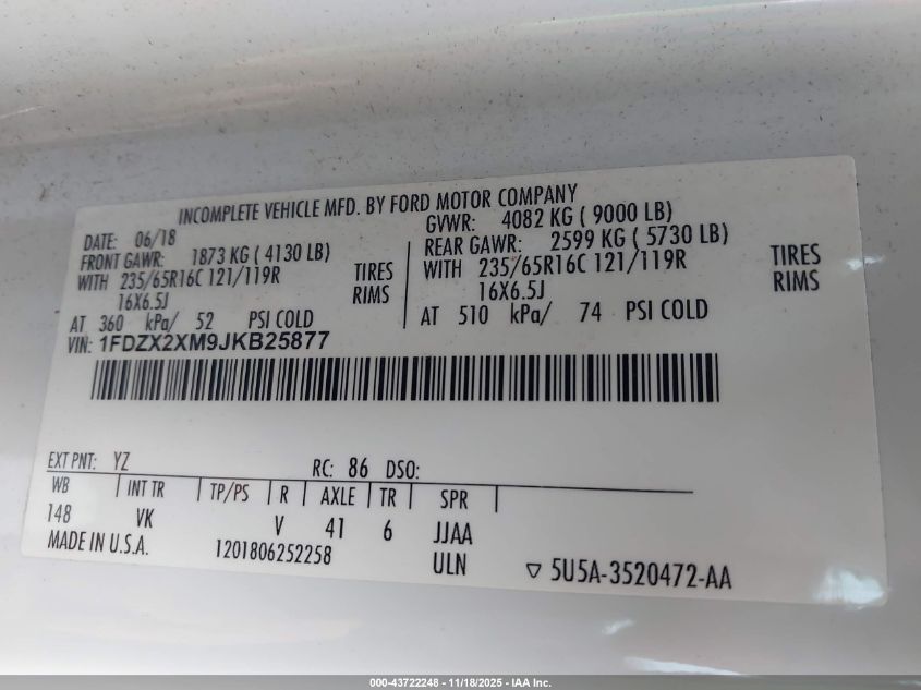 2018 Ford Transit-350 Xl VIN: 1FDZX2XM9JKB25877 Lot: 43722248