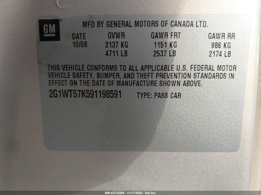 2009 Chevrolet Impala Lt VIN: 2G1WT57K591198591 Lot: 43722285