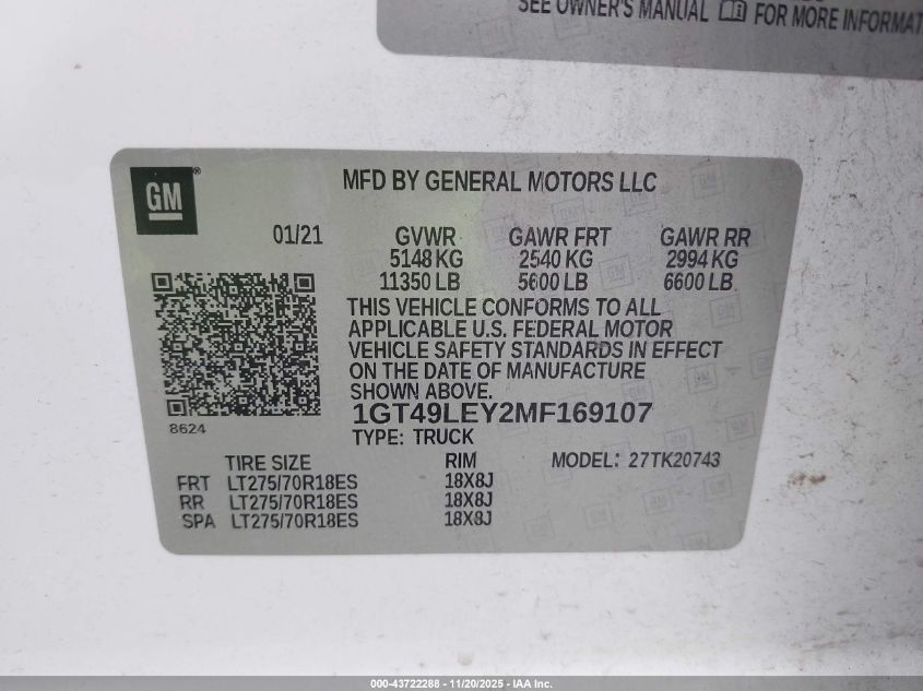 2021 GMC Sierra 2500Hd 4Wd Standard Bed VIN: 1GT49LEY2MF169107 Lot: 43722288