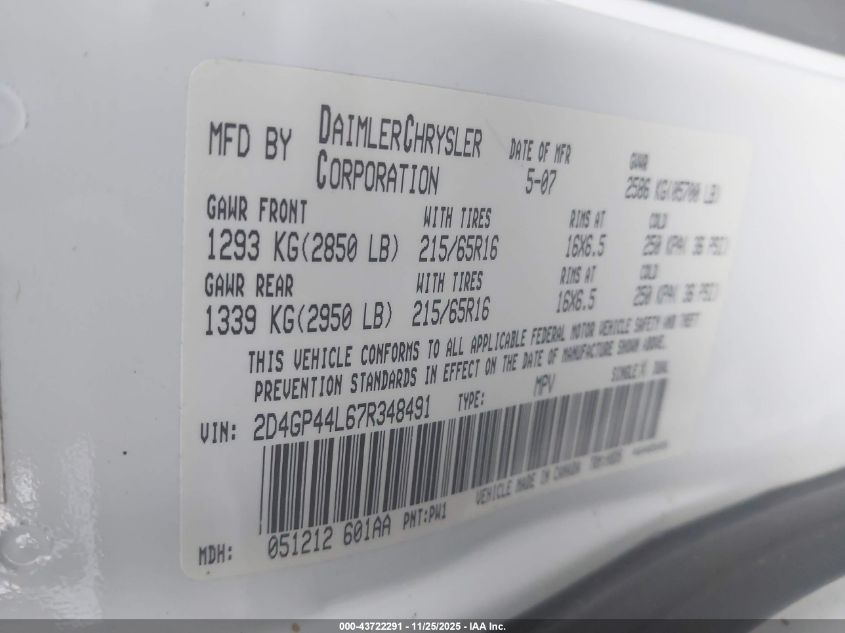 2007 Dodge Grand Caravan Sxt VIN: 2D4GP44L67R348491 Lot: 43722291