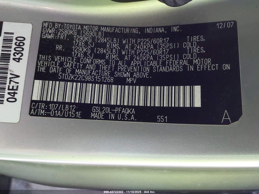 5TDZK22C98S151268 2008 TOYOTA SIENNA photo no. 9