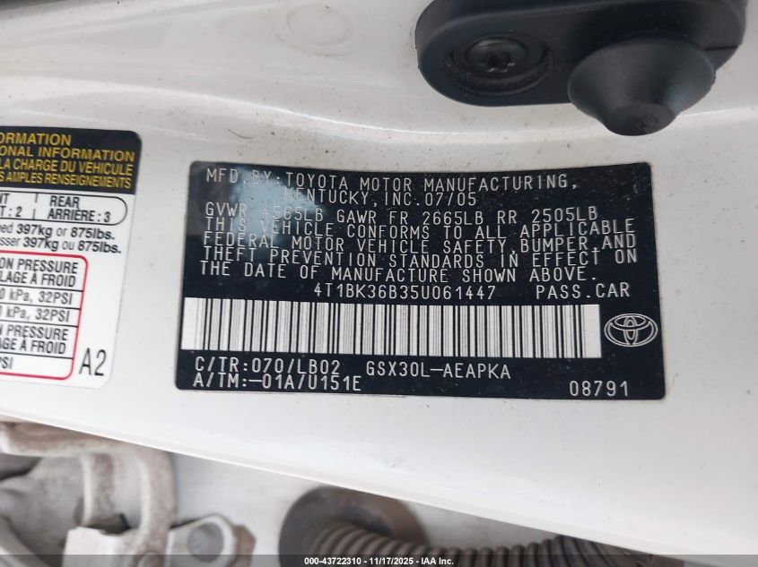 2005 Toyota Avalon Limited VIN: 4T1BK36B35U061447 Lot: 43722310