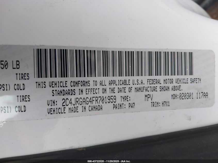 2015 Ram Cargo Tradesman VIN: 2C4JRGAG4FR701959 Lot: 43722320