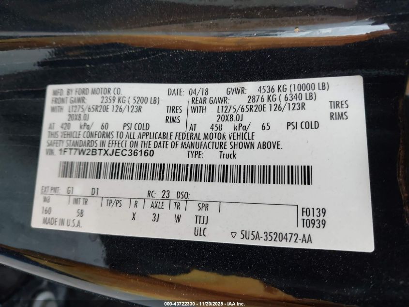 2018 Ford F-250 Lariat VIN: 1FT7W2BTXJEC36160 Lot: 43722330