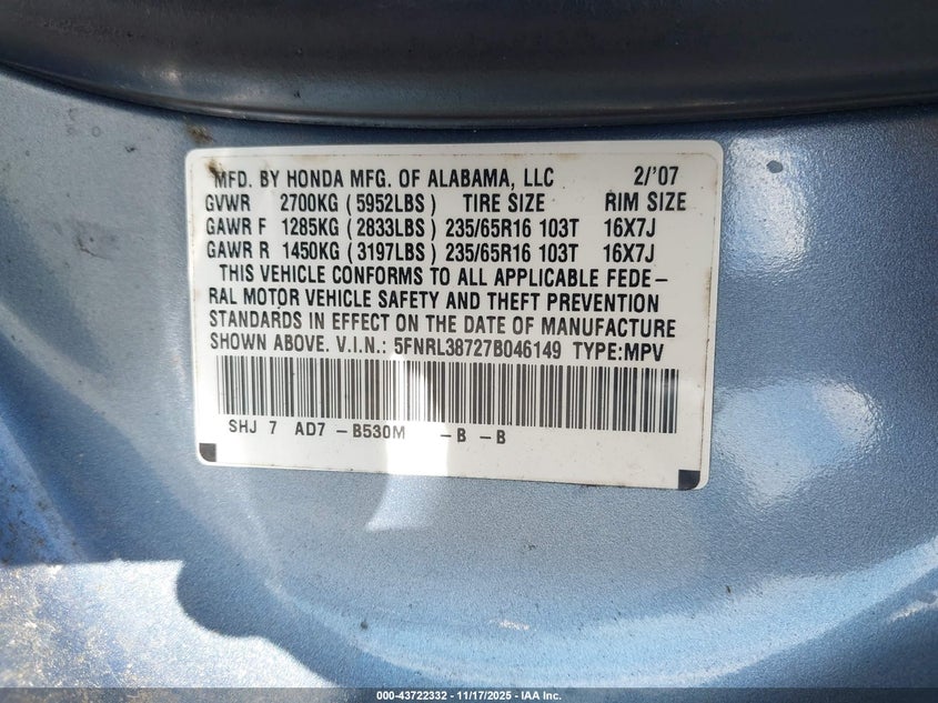 2007 Honda Odyssey Ex-L VIN: 5FNRL38727B046149 Lot: 43722332