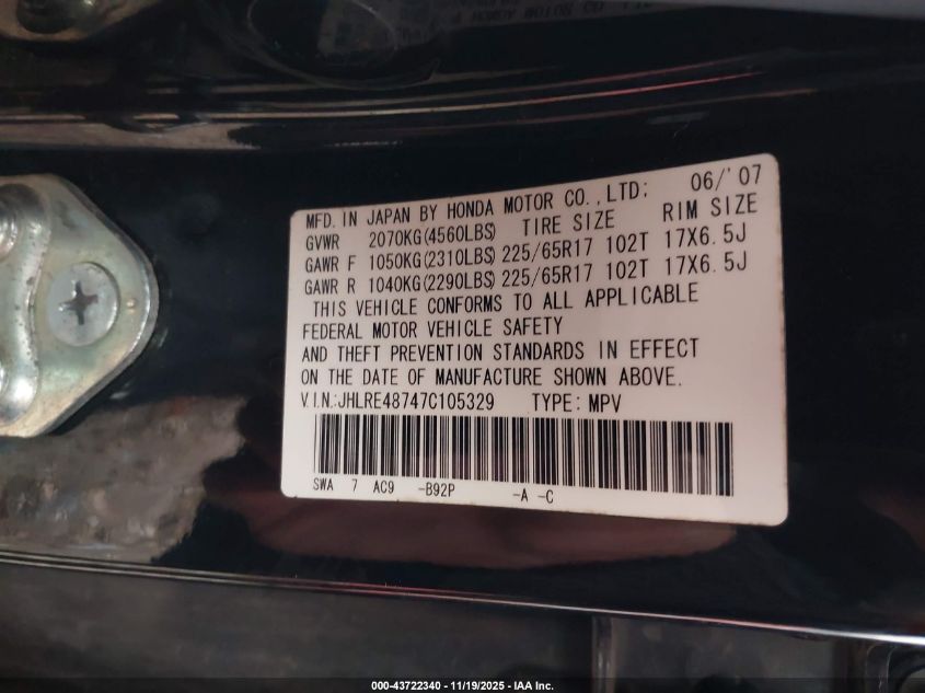 2007 Honda Cr-V Ex-L VIN: JHLRE48747C105329 Lot: 43722340