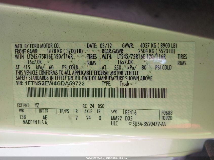 2012 Ford E-250 Commercial VIN: 1FTNS2EW4CDA59722 Lot: 43722348
