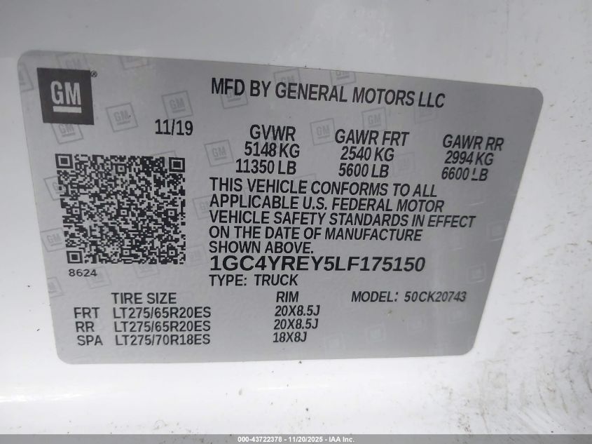 2020 Chevrolet Silverado 2500Hd 4Wd Standard Bed High Country VIN: 1GC4YREY5LF175150 Lot: 43722378