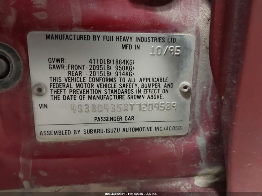 1996 Subaru Legacy L VIN: 4S3BD435XT7209589 Lot: 43722381