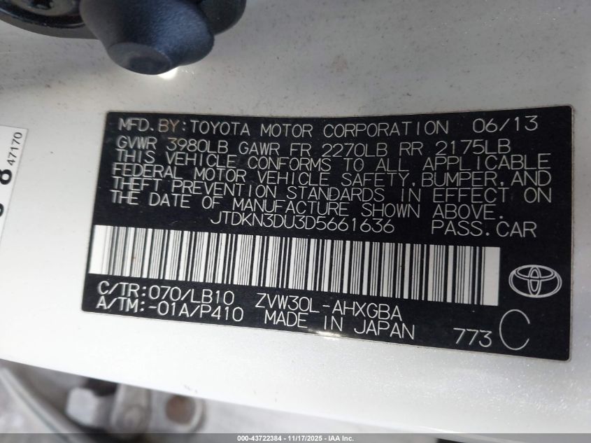 2013 Toyota Prius Four VIN: JTDKN3DU3D5661636 Lot: 43722384