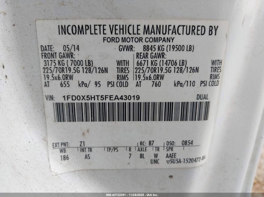 2015 Ford F-550 Chassis Xl VIN: 1FD0X5HT5FEA43019 Lot: 43722391