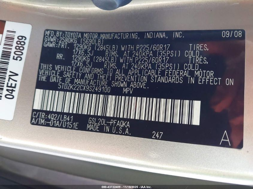 2009 Toyota Sienna Xle VIN: 5TDZK22CX9S249100 Lot: 43722409