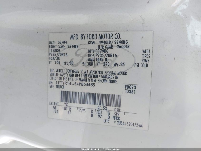 2004 Ford Ranger Edge/Tremor/Xl/Xlt VIN: 1FTYR14U54PB54485 Lot: 43722410